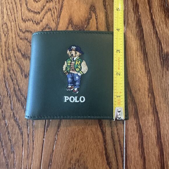 Polo Ralph Lauren Bifold Billfold Wallet Green Leather Preppy Bear Jacket - Picture 11 of 13